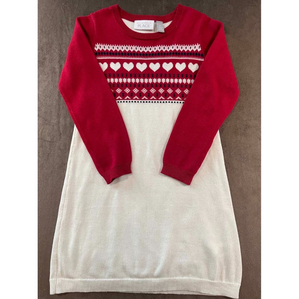 Girls Fair Isle Two Tone Heart Snowflake Long Sleeve Sweater Dress 5T (SKU: 19G)